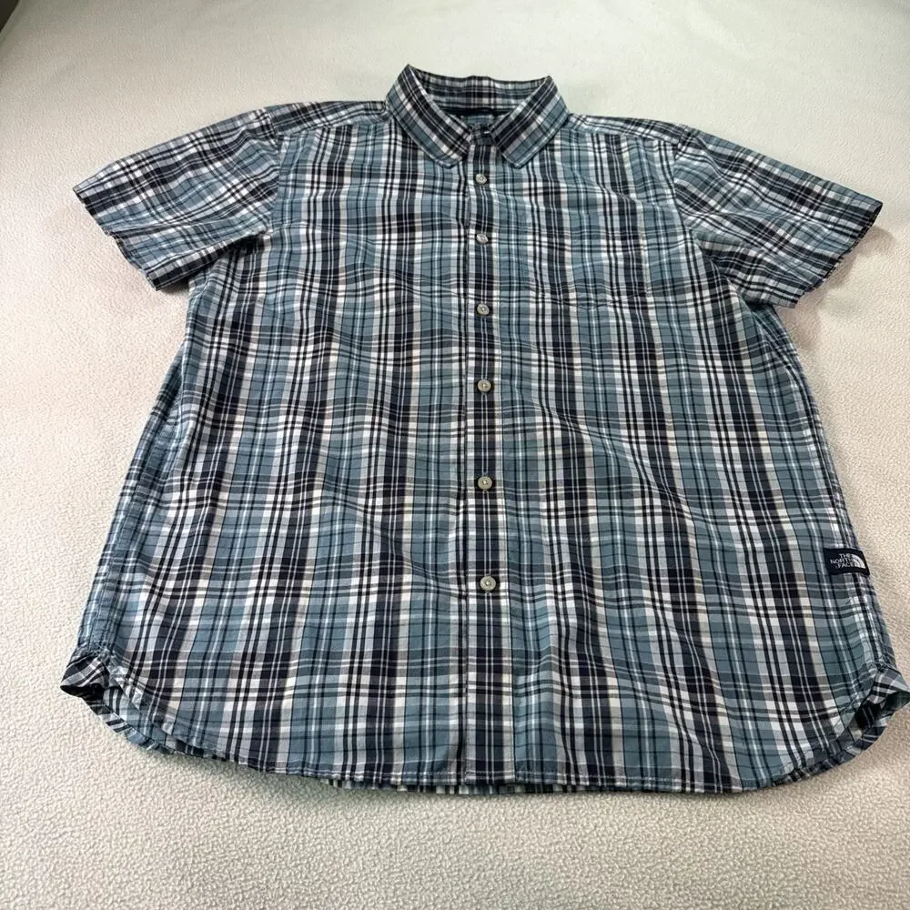 The North Face Mens Large Shirt Short Sleeve Plaid Blue White Black